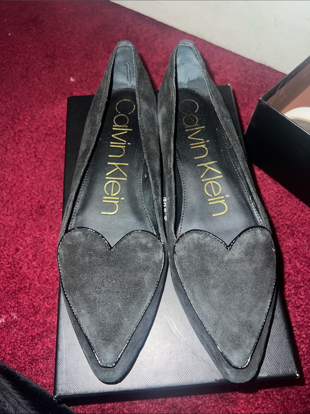 Calvin Klein Gray Suede Pointed-Toe Flats with Heart Detail